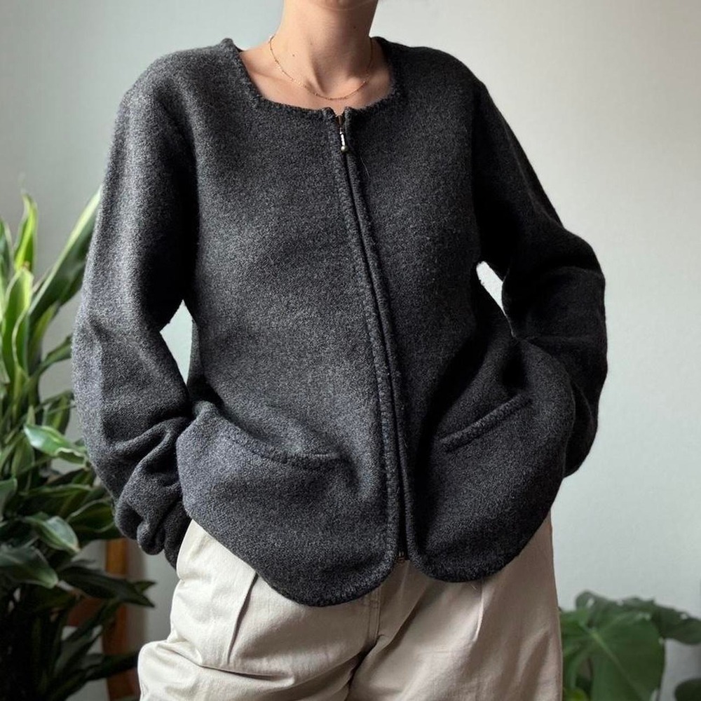 Stephanie Parks Vintage Charcoal Gray Wool Zip-up Square Neck Cardigan Sweater L
